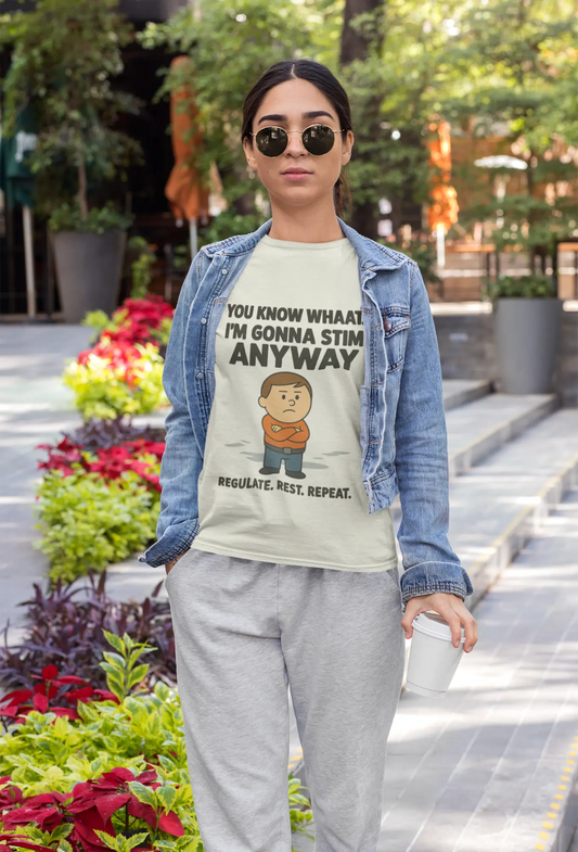 Girl holding coffee with a autism shirt about stimming