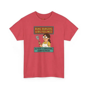 Buns Burgers & Big Feelings | Autism Acceptance - Heavy Cotton Tee - Unisex - Heather Red / S - T-Shirt